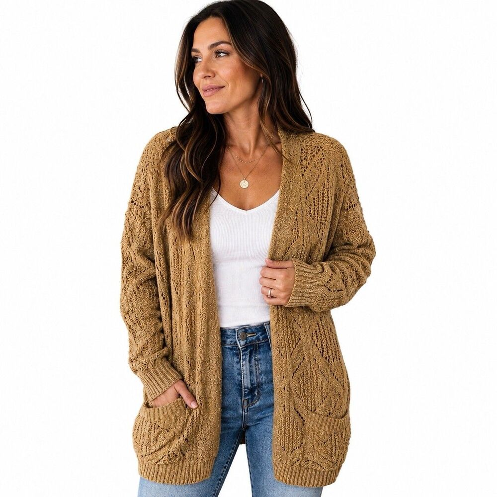 Cable Knit Cardigan Hippie Rose Soft Plush Tan Camel Open Front Pockets NWT